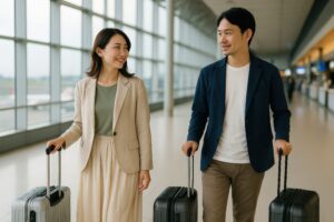 空港の通路を並んで歩く旅行中のカップル