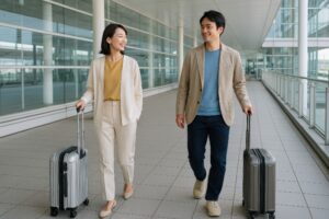 屋外の空港施設でスーツケースを引くカップル