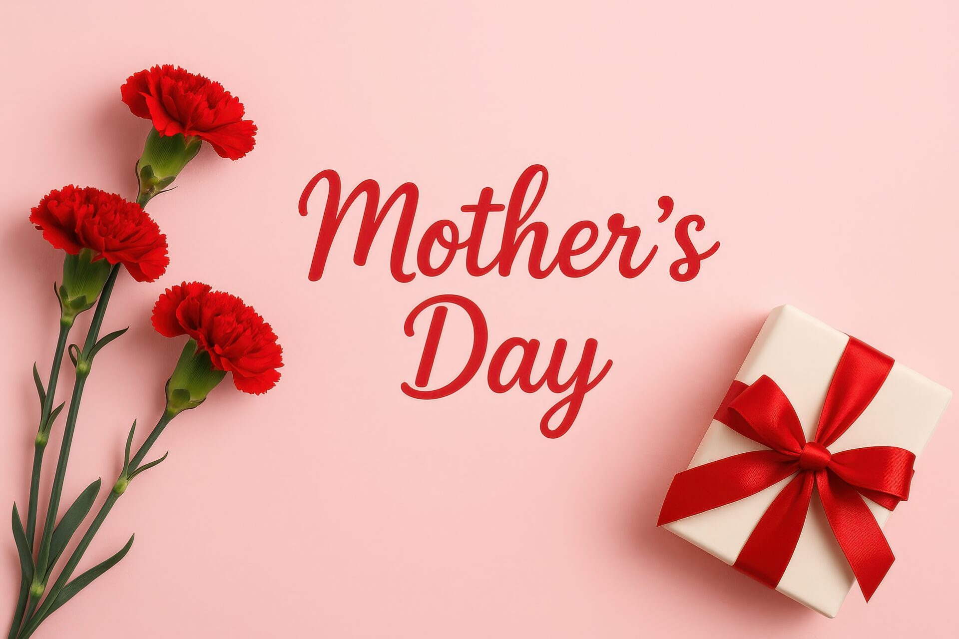 母の日のメッセージと赤いカーネーションとプレゼントボックス