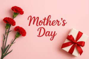 母の日のメッセージと赤いカーネーションとプレゼントボックス