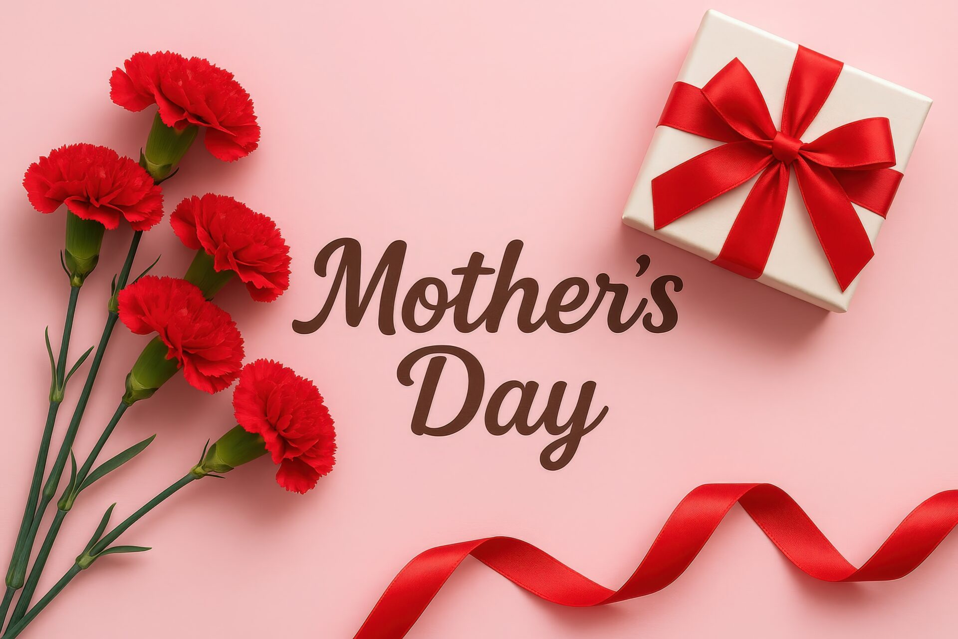 赤いカーネーションとギフトボックスと母の日の文字