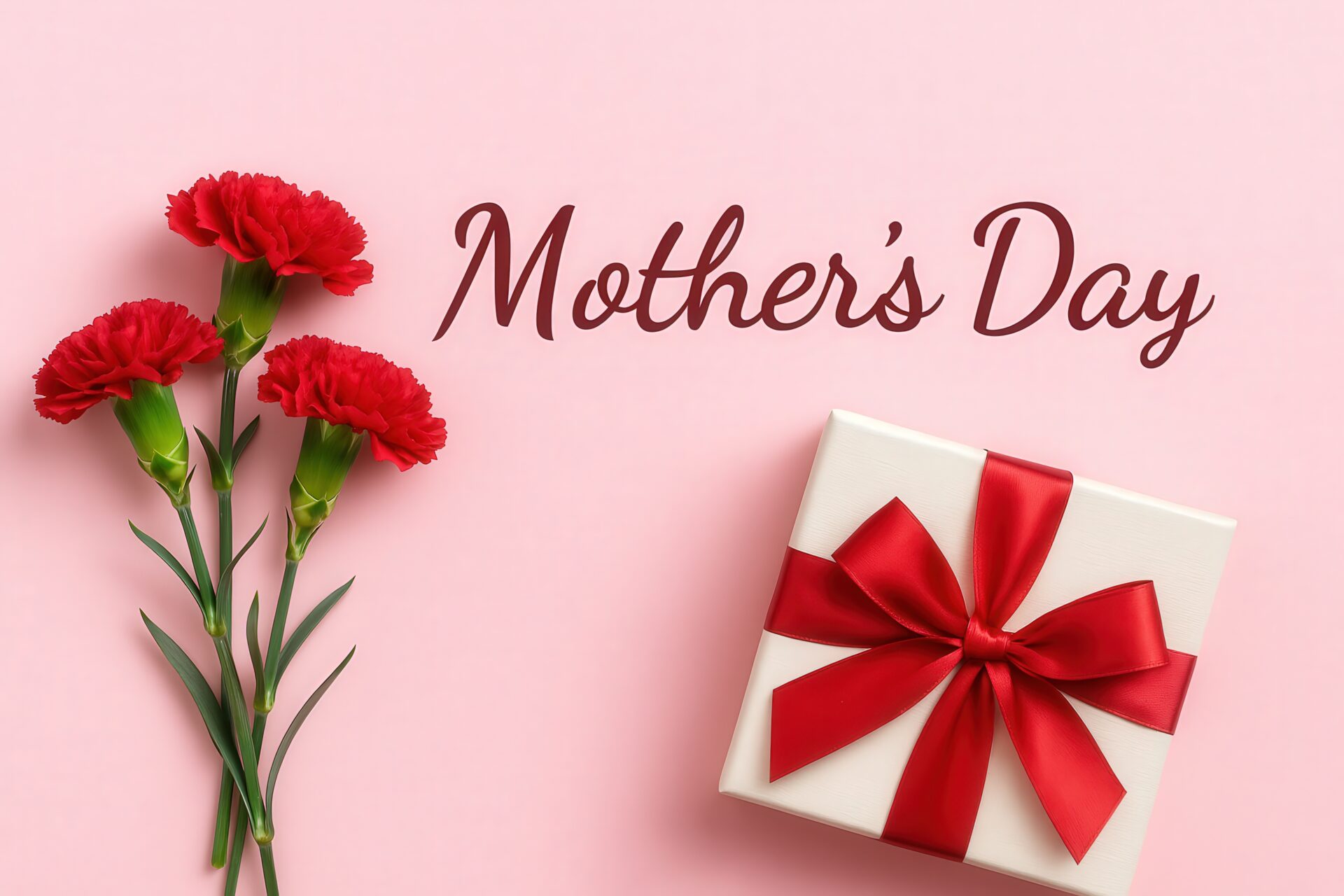 ピンク背景に母の日のメッセージとカーネーションとギフト