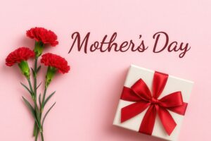 ピンク背景に母の日のメッセージとカーネーションとギフト