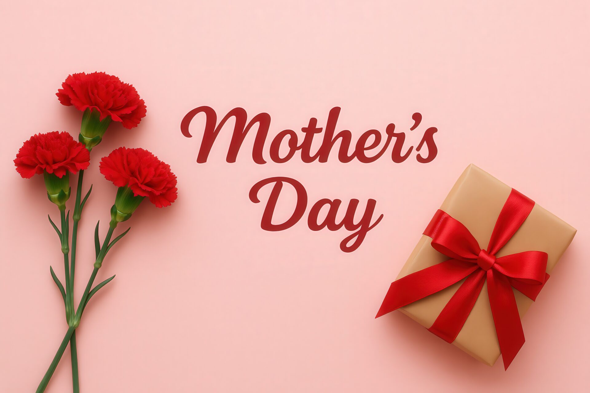 赤いカーネーションとクラフト包装のギフトと母の日文字