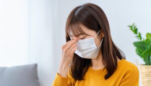 室内で鼻を押さえる花粉症の女性