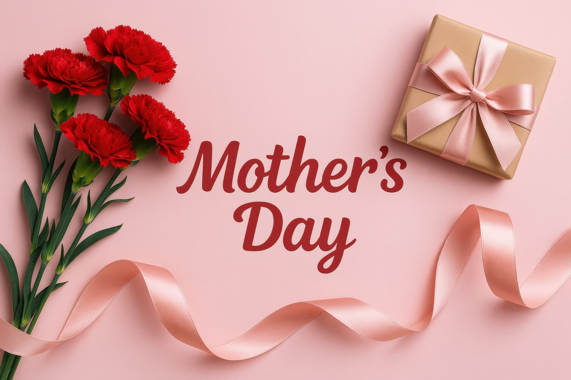 ピンクリボンのギフトとカーネーションと母の日メッセージ