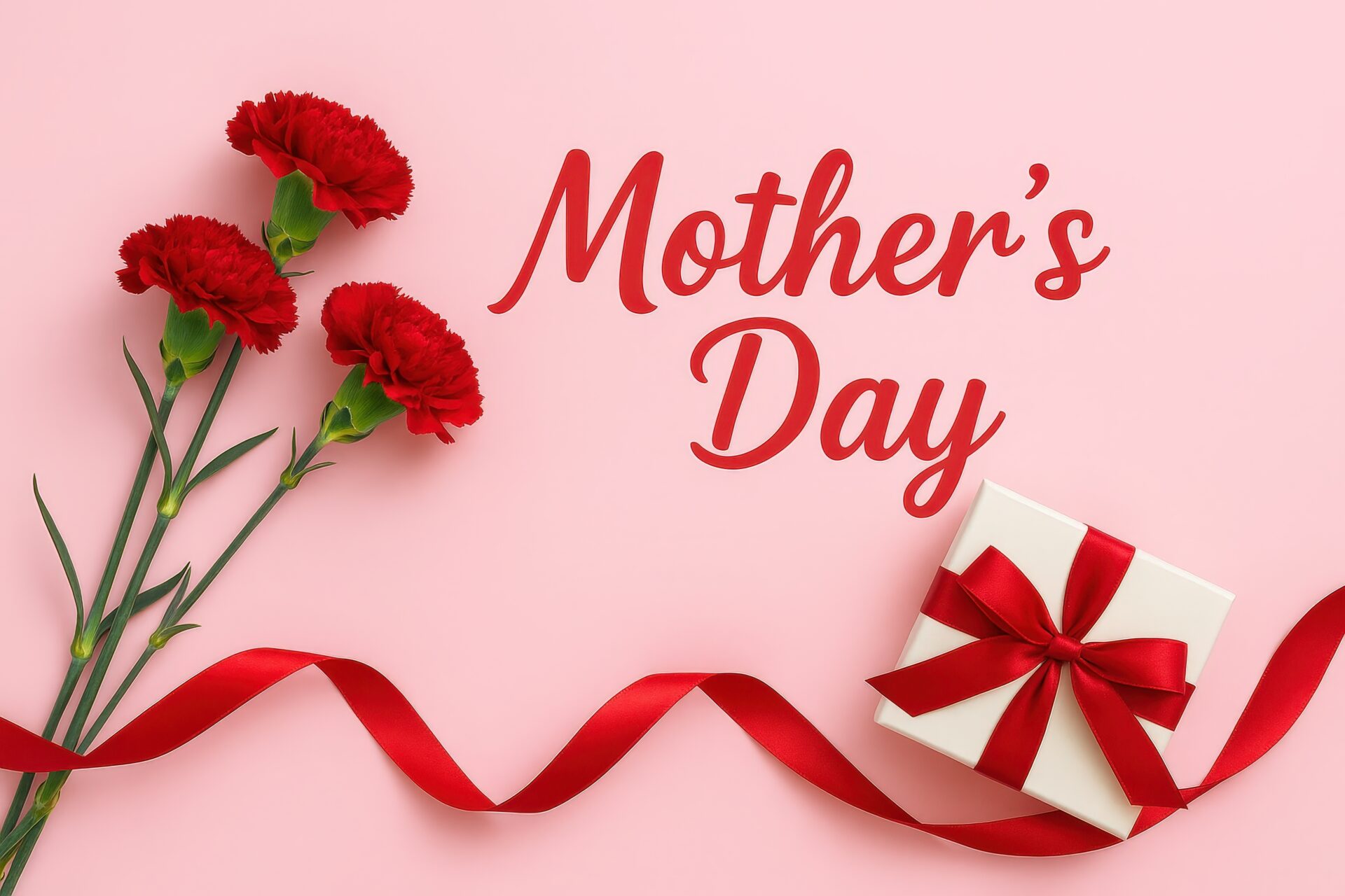 リボンとギフトとカーネーションが並ぶ母の日のイメージ