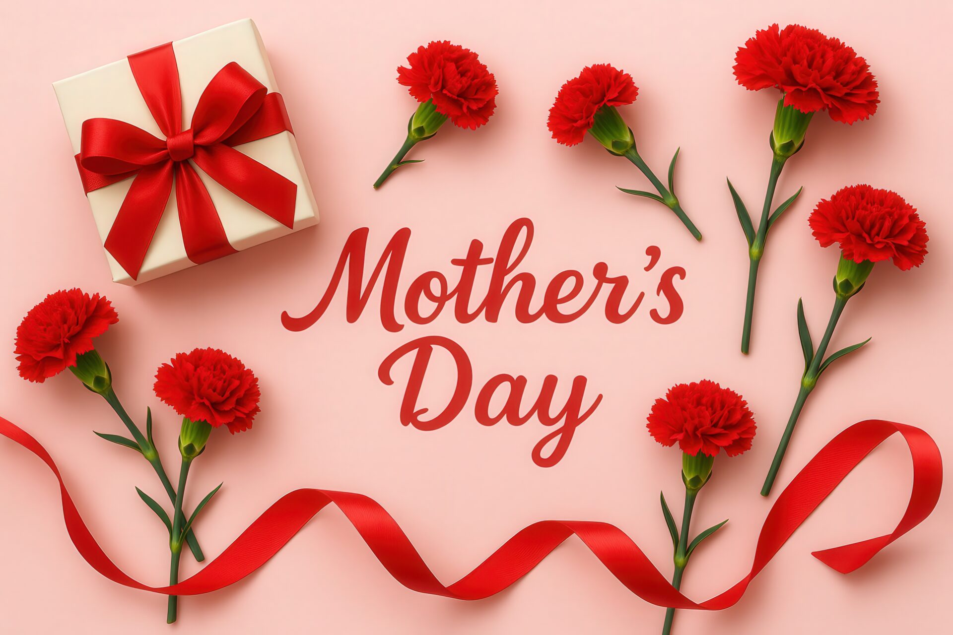 カーネーションとリボンに囲まれた母の日の文字とギフト