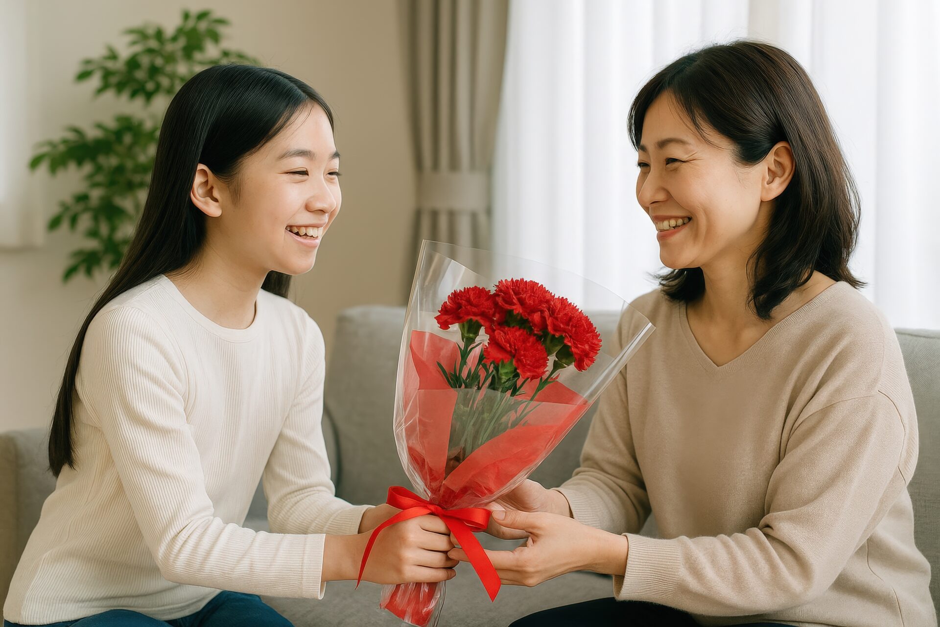 リビングで赤いカーネーションの花束を渡す少女と母親