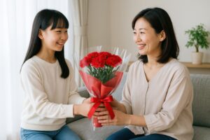 カーネーションの花束を母親に手渡す娘の微笑むシーン