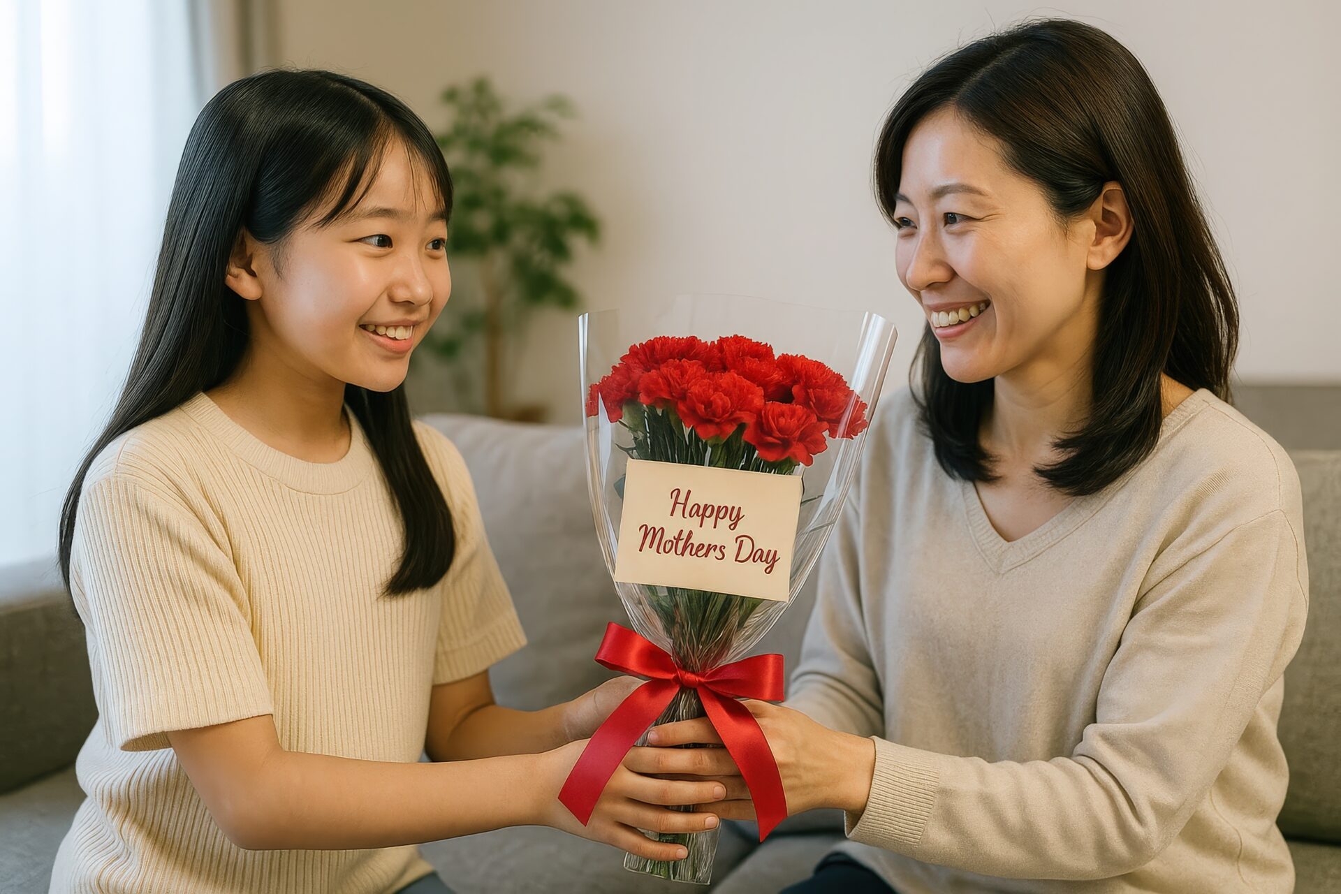 カーネーションとメッセージカードを贈る娘と喜ぶ母親
