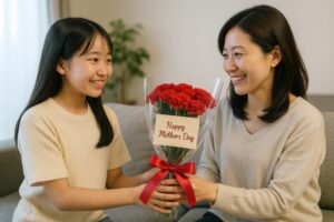 カーネーションとメッセージカードを贈る娘と喜ぶ母親