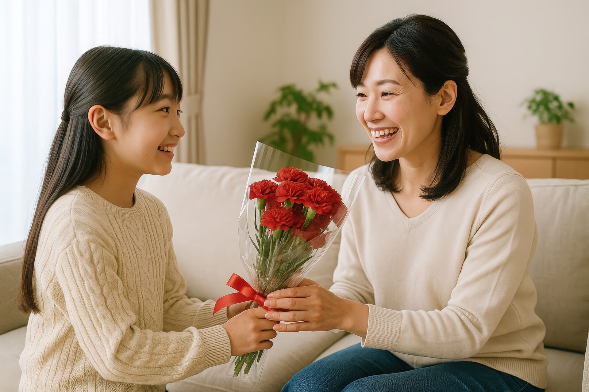 ベージュのセーターの少女が母親に花束を渡す様子