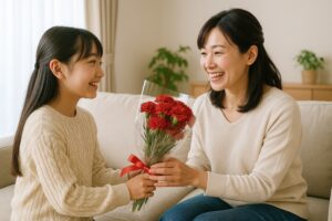 ベージュのセーターの少女が母親に花束を渡す様子