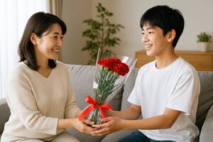 赤いカーネーションを母親に贈る少年の笑顔