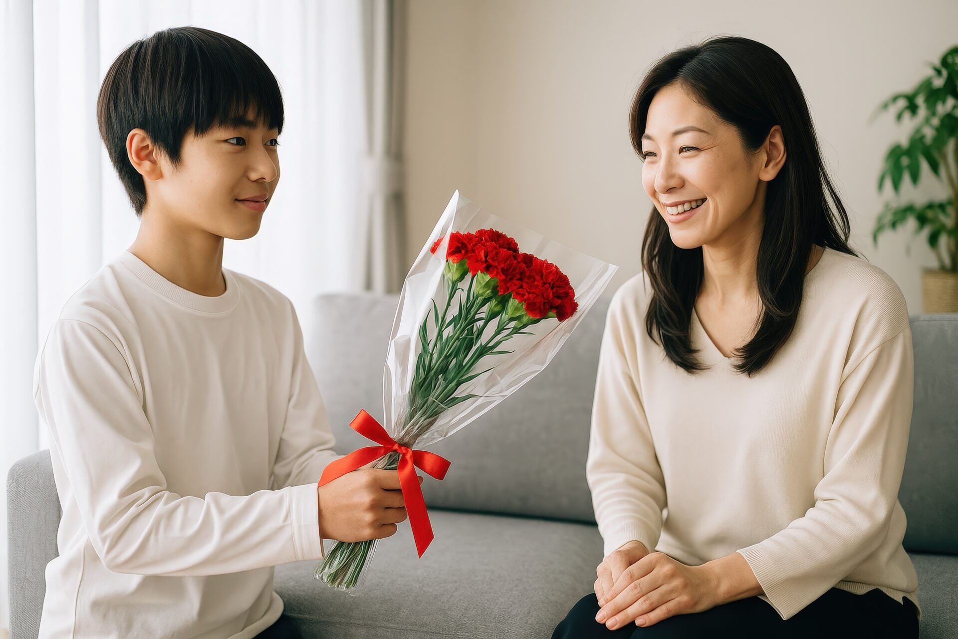 少年が母親にカーネーションの花束を渡す場面