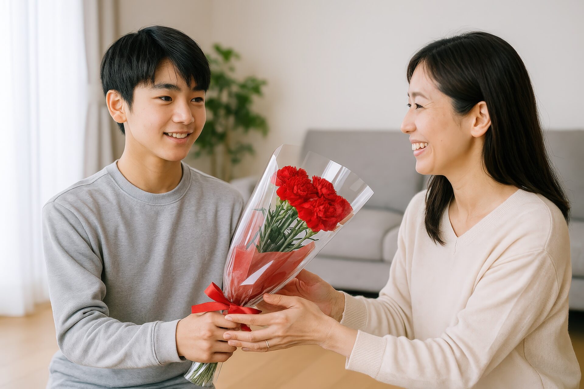 笑顔でカーネーションの花束を手渡す息子と母親