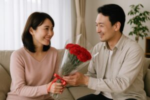 カーネーションの花束を渡す男性と受け取る女性