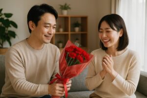 カーネーションを受け取って喜ぶ女性と男性