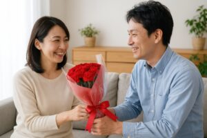 カーネーションの花束を見つめ合いながら交換する男女