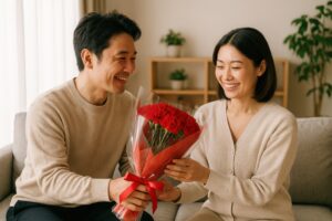 赤いカーネーションを贈り合うカップルの室内シーン