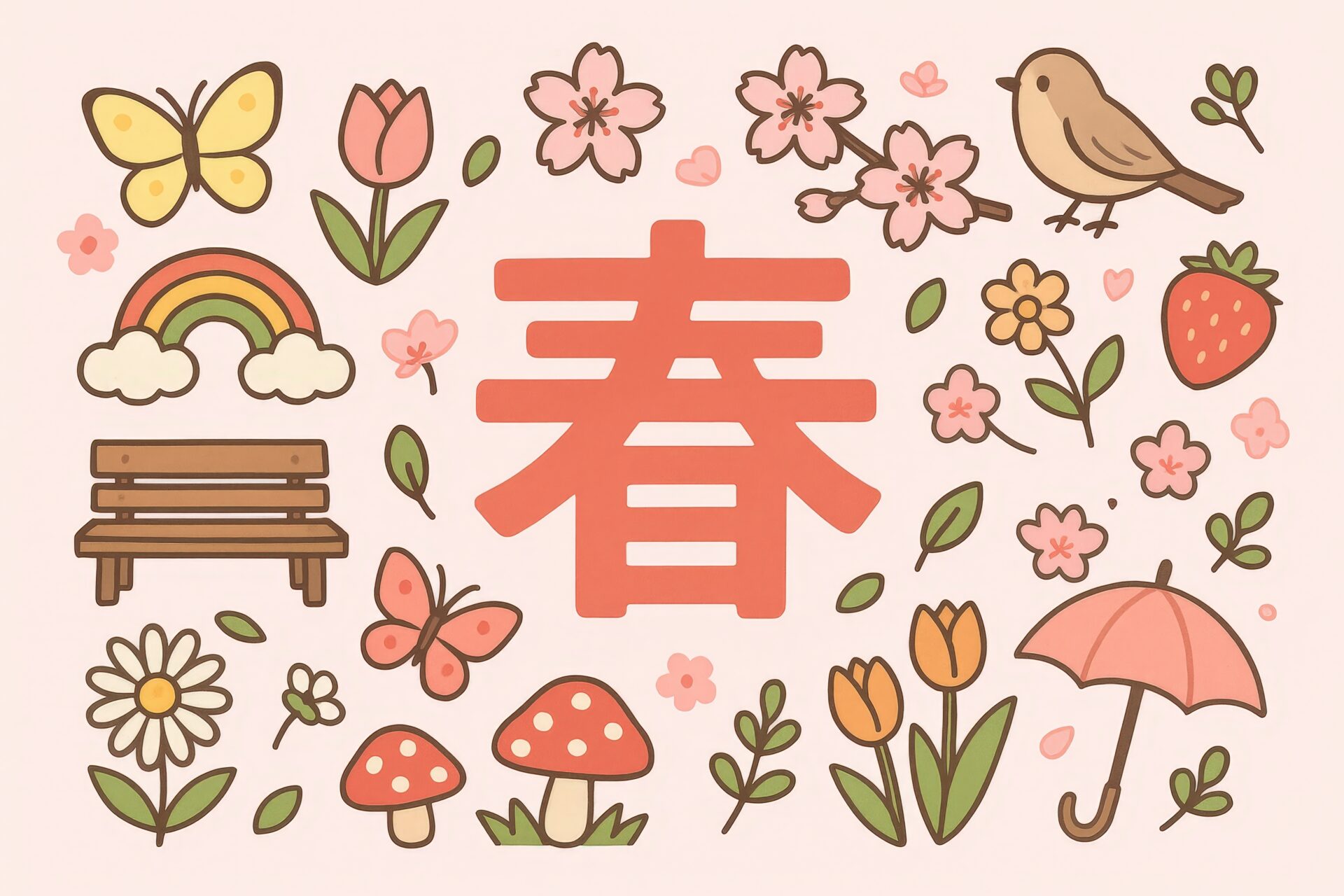 春の文字と花や動物が描かれたカラフルなイラスト