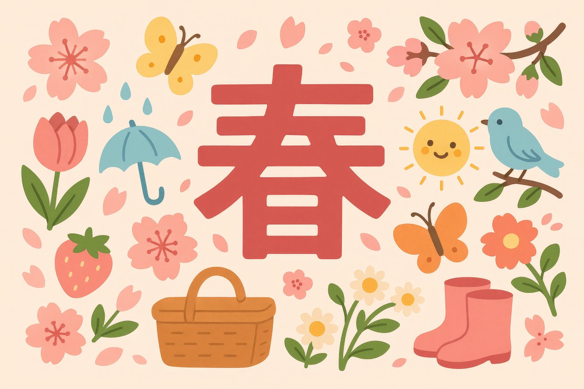 桜や蝶、ピクニックアイテムが並ぶ春のイラスト