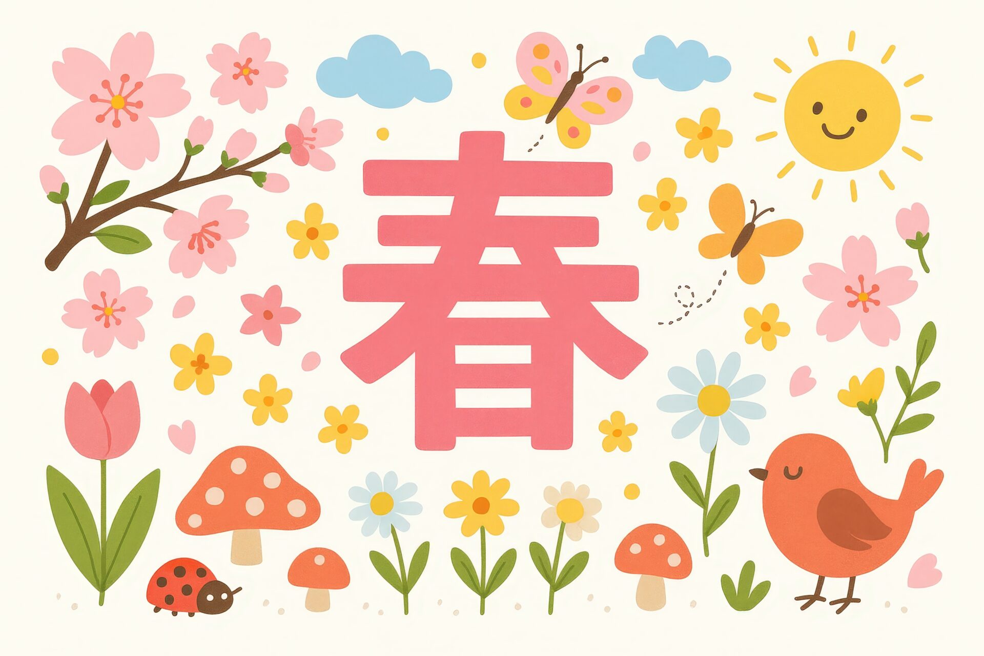 春の文字と桜や蝶、てんとう虫が描かれた明るいイラスト