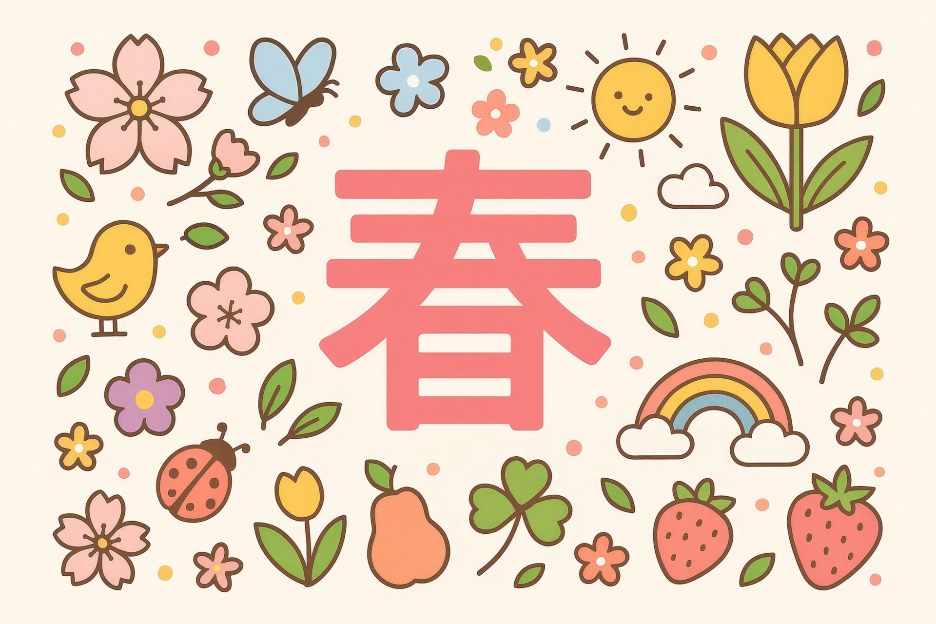 春の文字を中心に様々な花や果物が散りばめられたイラスト