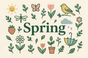 英語のSpringと春のモチーフが並ぶイラスト