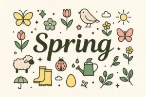 春の要素と英単語Springの手描き風イラスト