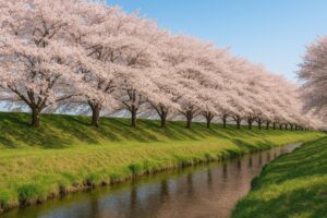 満開の桜並木と小川が広がる春の風景