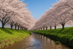 川沿いに続く桜並木が青空に映える春の景色
