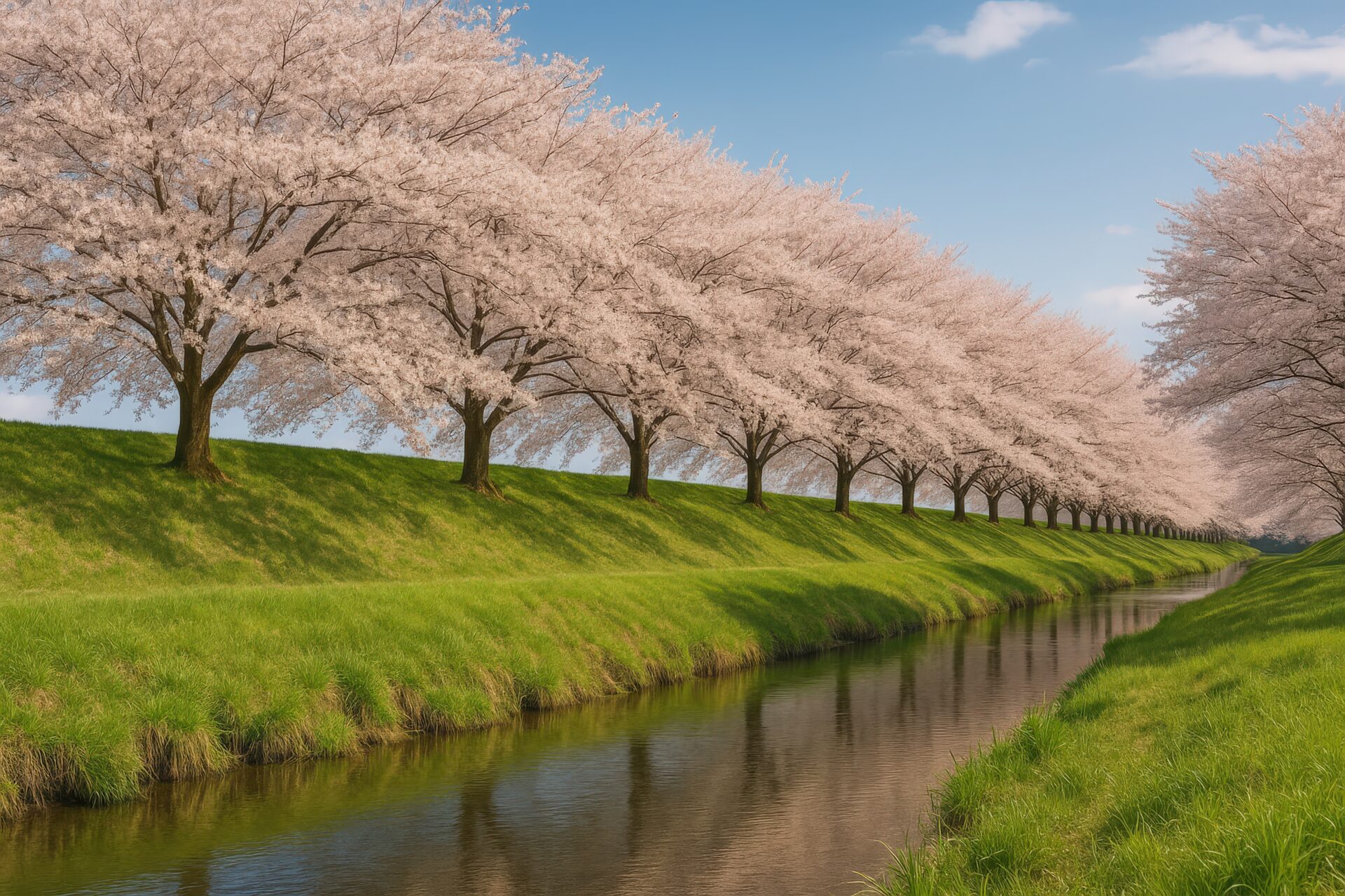 満開の桜並木と流れる小川の春の絶景