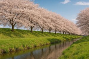 満開の桜並木と流れる小川の春の絶景