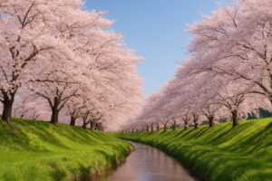 川を挟んで向かい合う満開の桜並木