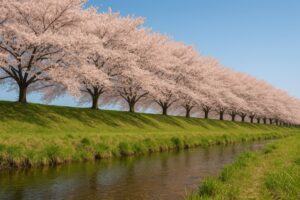 堤防沿いに咲く長い桜並木と春の小川