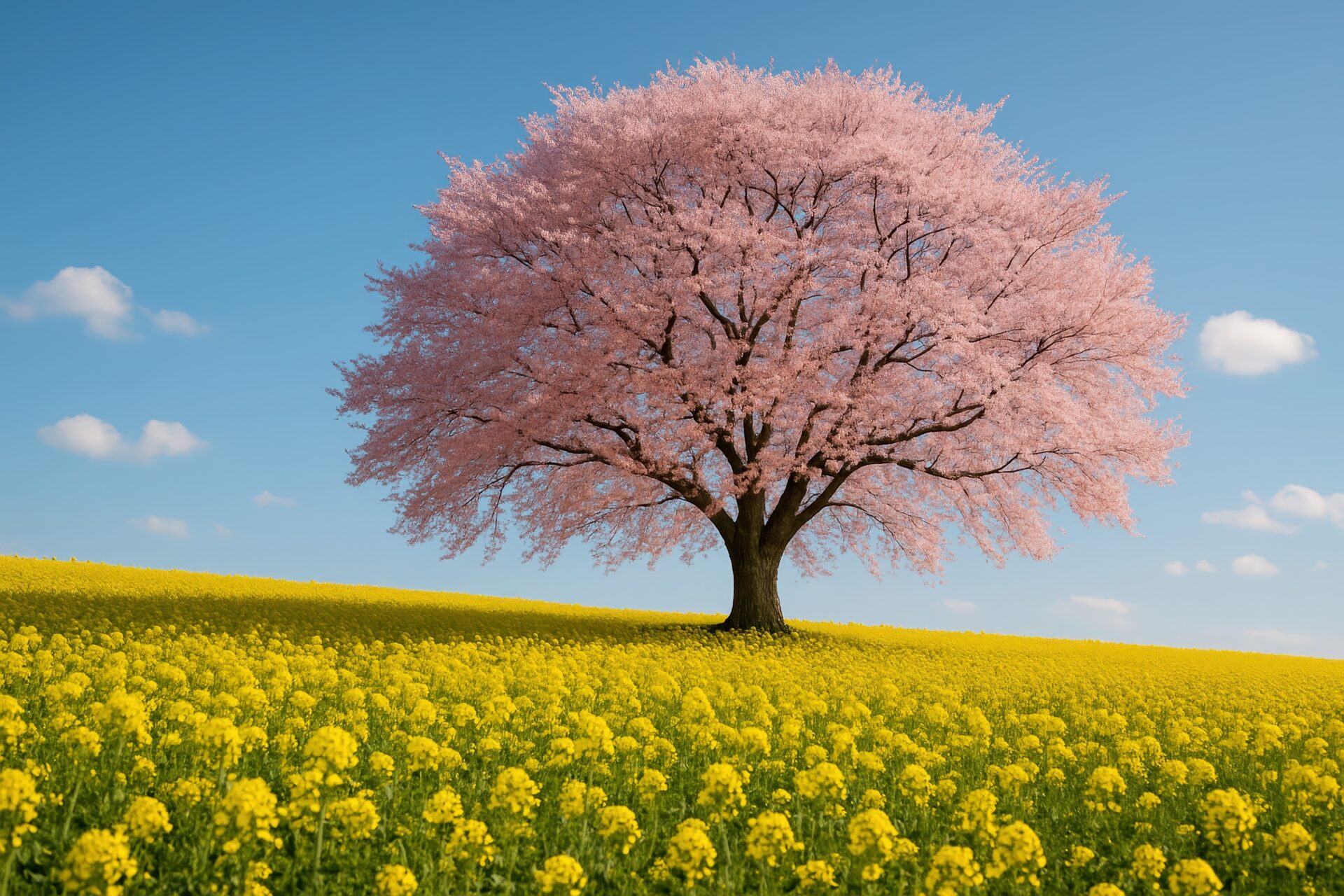 菜の花畑の中に咲く一本桜が美しい春の風景
