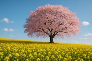 菜の花畑の中に咲く一本桜が美しい春の風景