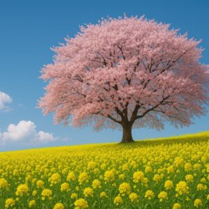 満開の桜と黄色い菜の花のコントラストが映える景色