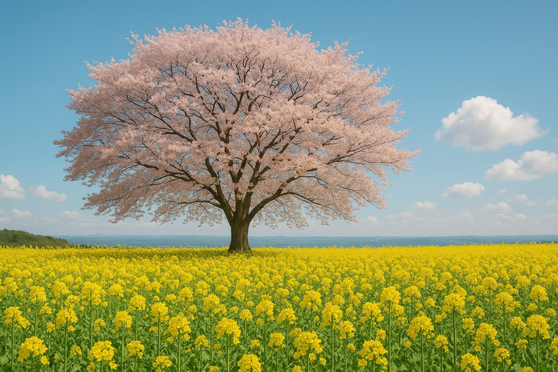 広大な菜の花畑に咲く一本桜と春の空