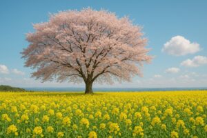 広大な菜の花畑に咲く一本桜と春の空