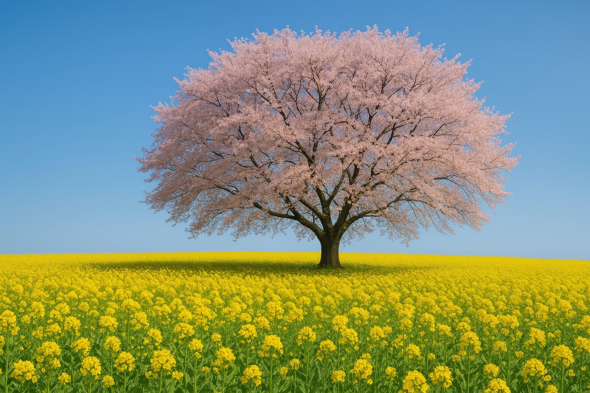 黄色い菜の花畑に一本桜が立つ春の絶景