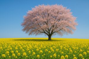 黄色い菜の花畑に一本桜が立つ春の絶景
