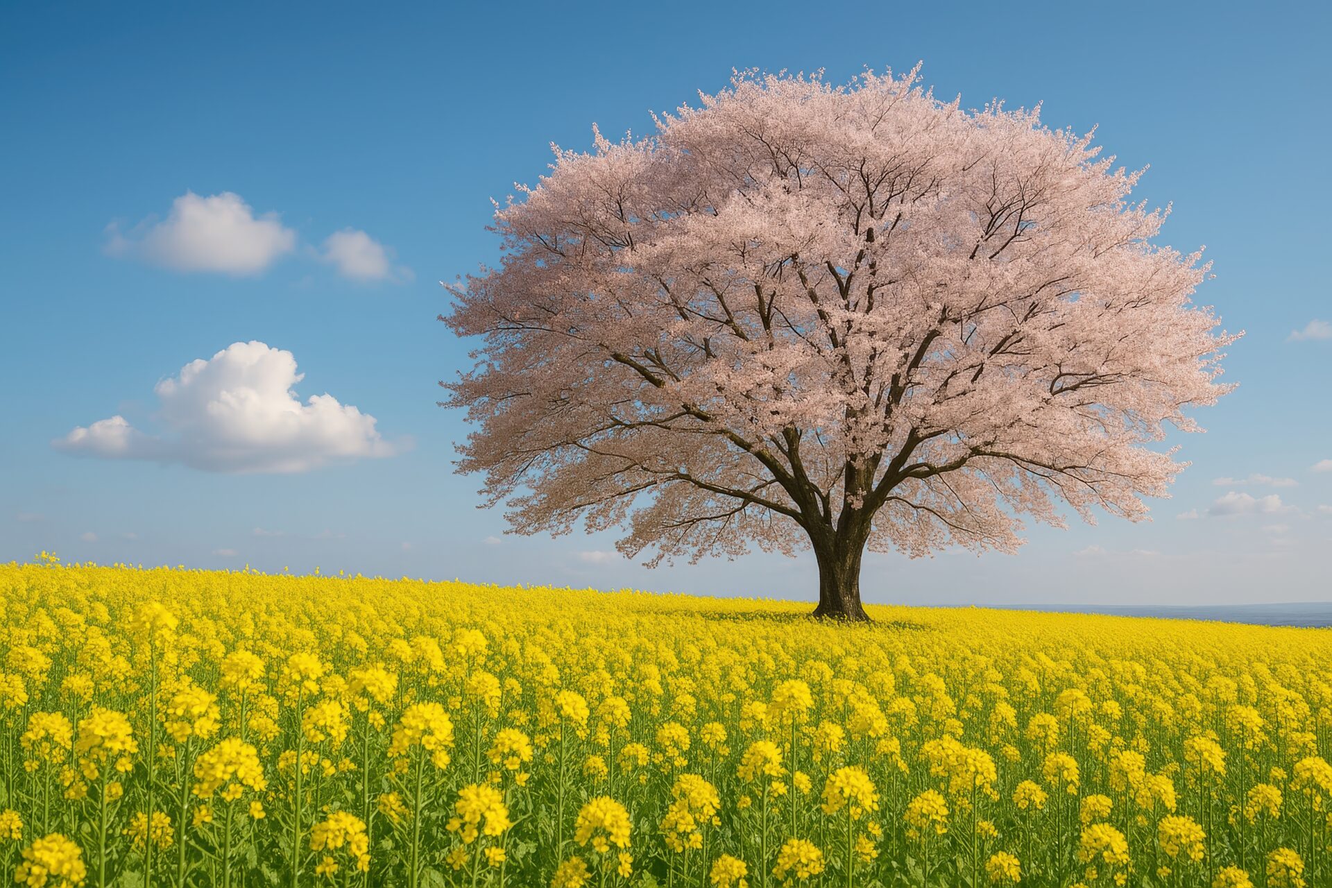 春の青空の下に咲く桜と菜の花の鮮やかな風景