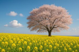 春の青空の下に咲く桜と菜の花の鮮やかな風景