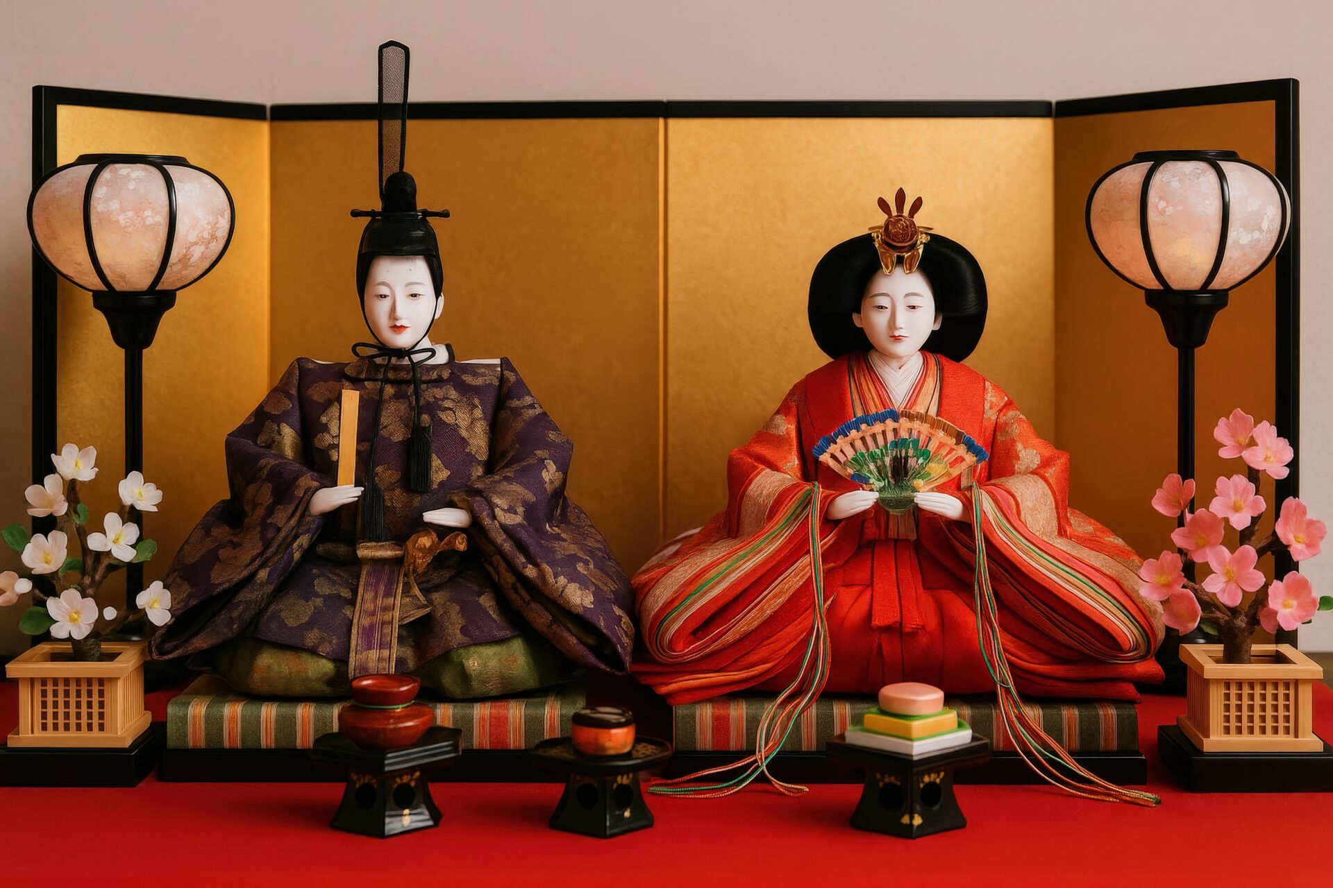 屏風と灯りに囲まれた華やかな雛人形の飾り