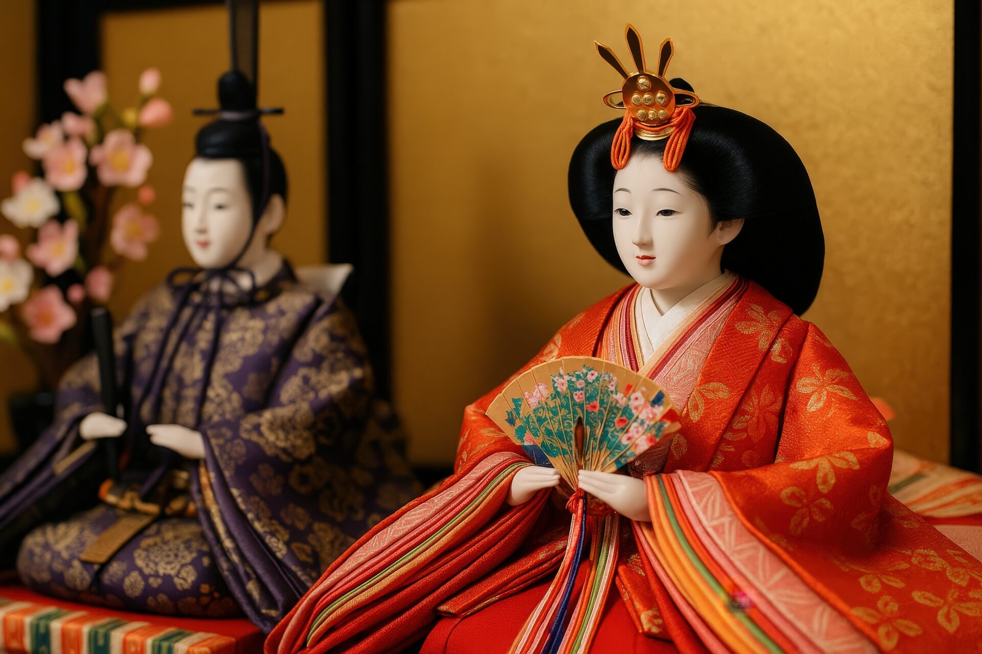 赤い衣装のお雛様とお内裏様のひな祭り飾り