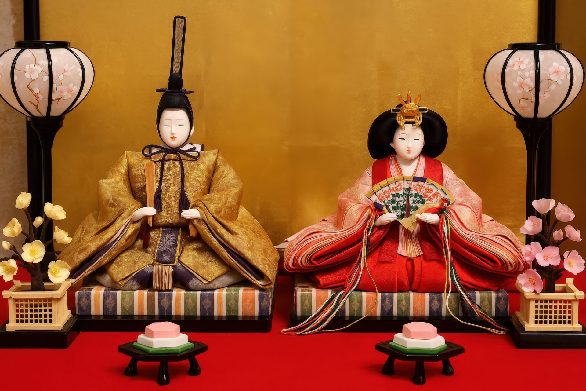 伝統的な衣装を着た雛人形と桃の花の飾り