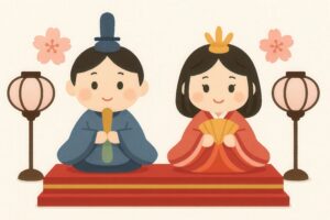 ひな壇に並ぶ平安時代風の衣装を着た二人の人形のイラスト
